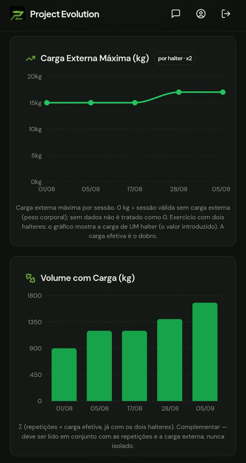 Gráficos de carga externa máxima e volume com carga na plataforma Project Evolution